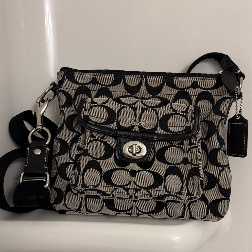 Coach Signature Black and Cream Crossbody Bag